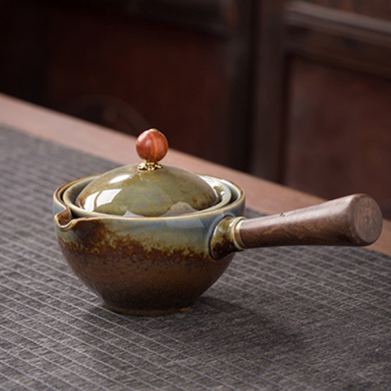 Ceramic Teapot With Wooden Handle Side-Handle Pot